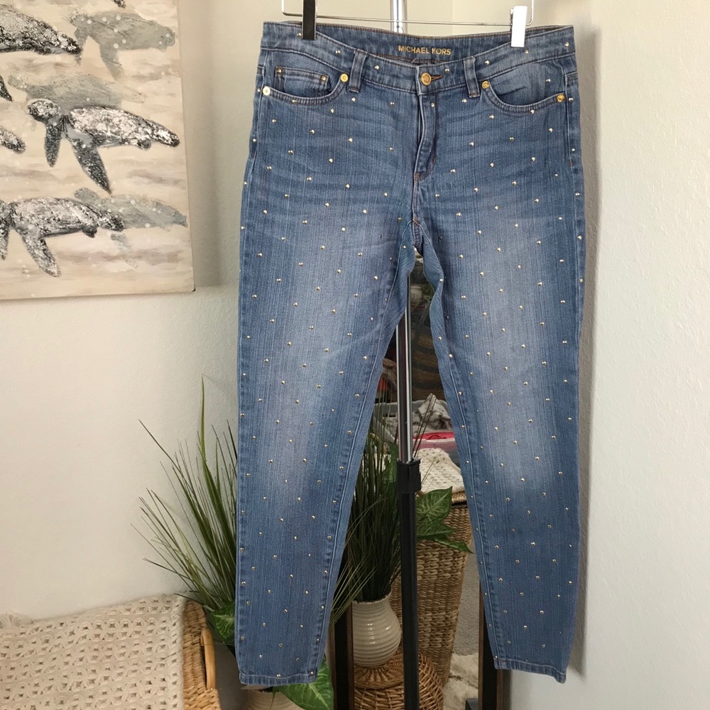 MICHAEL KORS Light Wash Studded Skinny Jeans